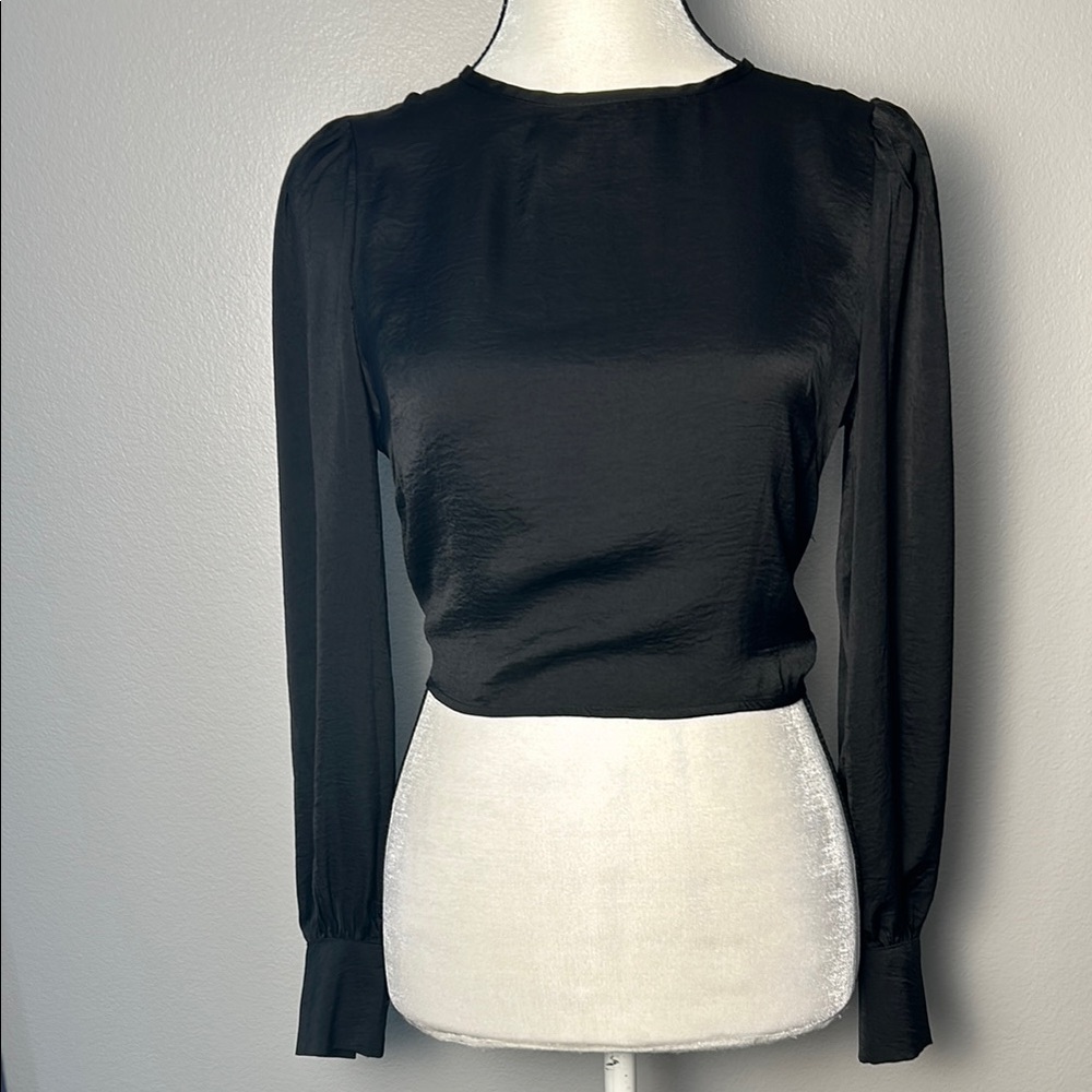 Gianni Bini Cropped Black Open Back Long Sleeved Blouse (size S)